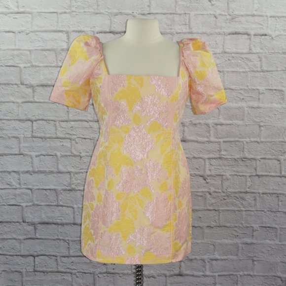 Nookie Solana Yellow Pink Brocade Mini Dress - Picture 2 of 7